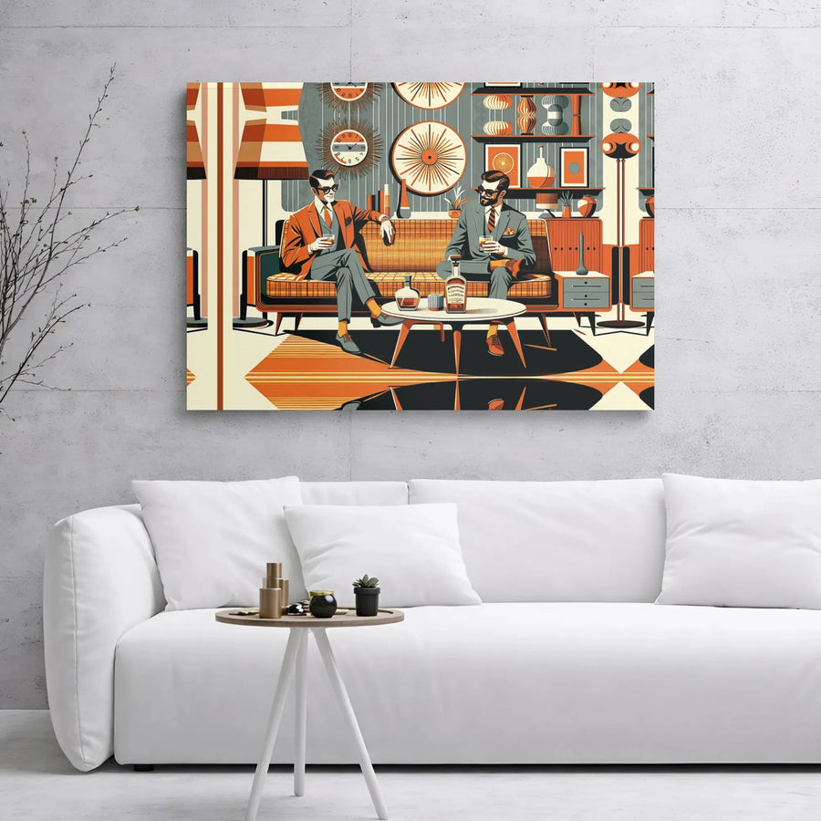 Mid-Century Modern Wall Art | Two Men Drinking Whiskey Retro Design | Premium Gallery Wrapped Canvas | Sophisticated Office Decor Gift