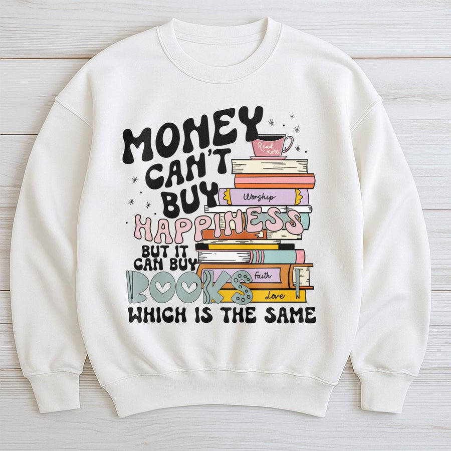 Money Can't Buy Happiness But It Can Buy Books Sweatshirt | Retro Librarian Book Stack Design | Premium Soft Blend Crewneck | Gift for Readers & Book Lovers