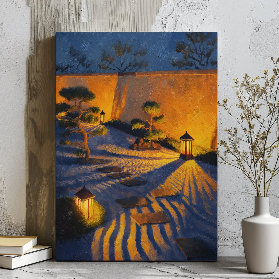Japanese Zen Garden Canvas Wall Art | Night Impressionist Painting with Glowing Lanterns | Premium Gallery-Wrapped Print | Peaceful Home Decor Gift
