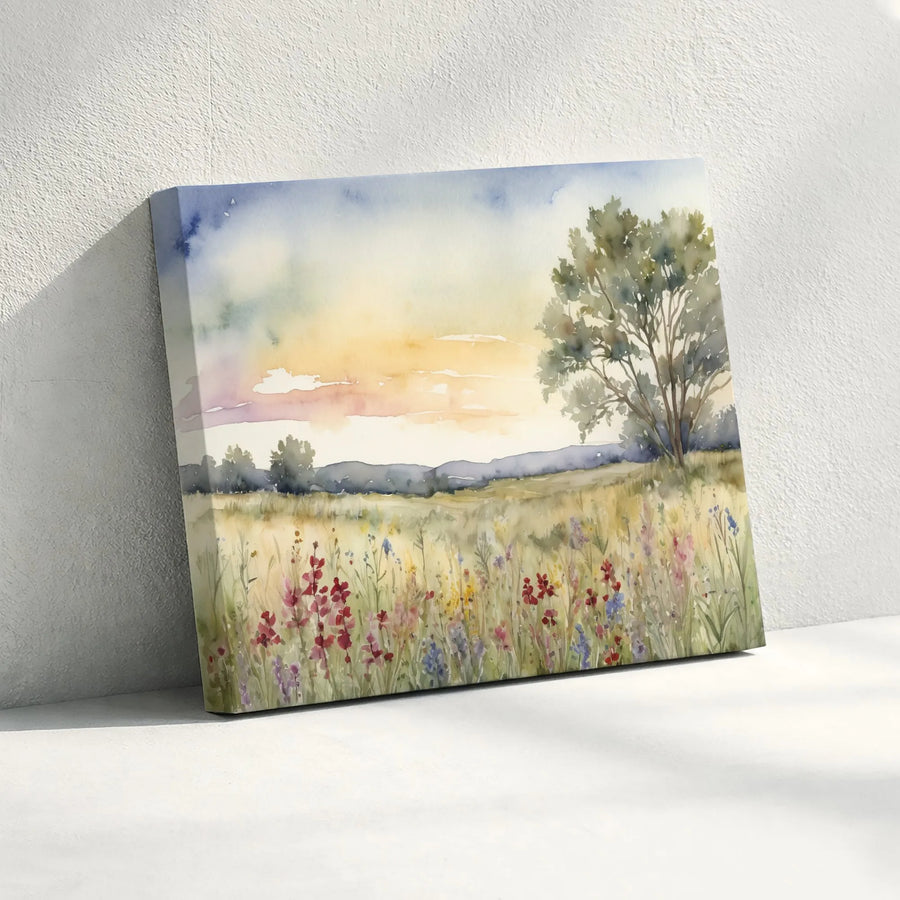 Watercolor Wildflower Meadow Canvas | Pastoral Sunset Painting Print | Premium Thick Gallery Wrap | Modern Farmhouse Decor Gift