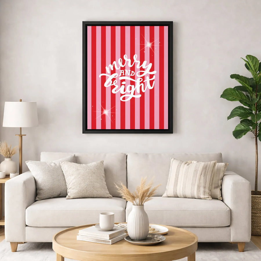 Merry and Bright Wall Art | Festive Red and Pink Striped Canvas | Premium Fade-Resistant Print | Holiday Home Decor Gift