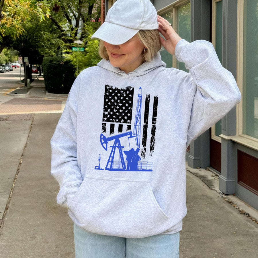 Oilfield Worker Hoodie | American Flag Oil Rig Graphic Design | Premium Cotton Blend | Patriotic Gift for Roughnecks and Energy Industry Professionals