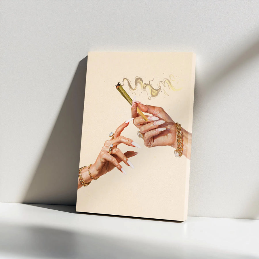 Luxury Stoner Wall Art | Aesthetic Hands With Jewelry Smoking Joint | Premium Gallery Wrap Canvas | Chic Modern Decor For Home Or Office