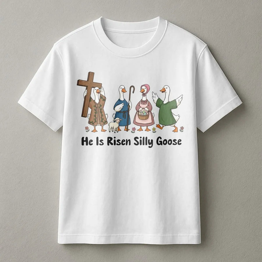 He Is Risen Silly Goose T-Shirt | Funny Christian Easter Graphic Tee | 100% Cotton Premium Comfort | Religious Gift for Women and Men