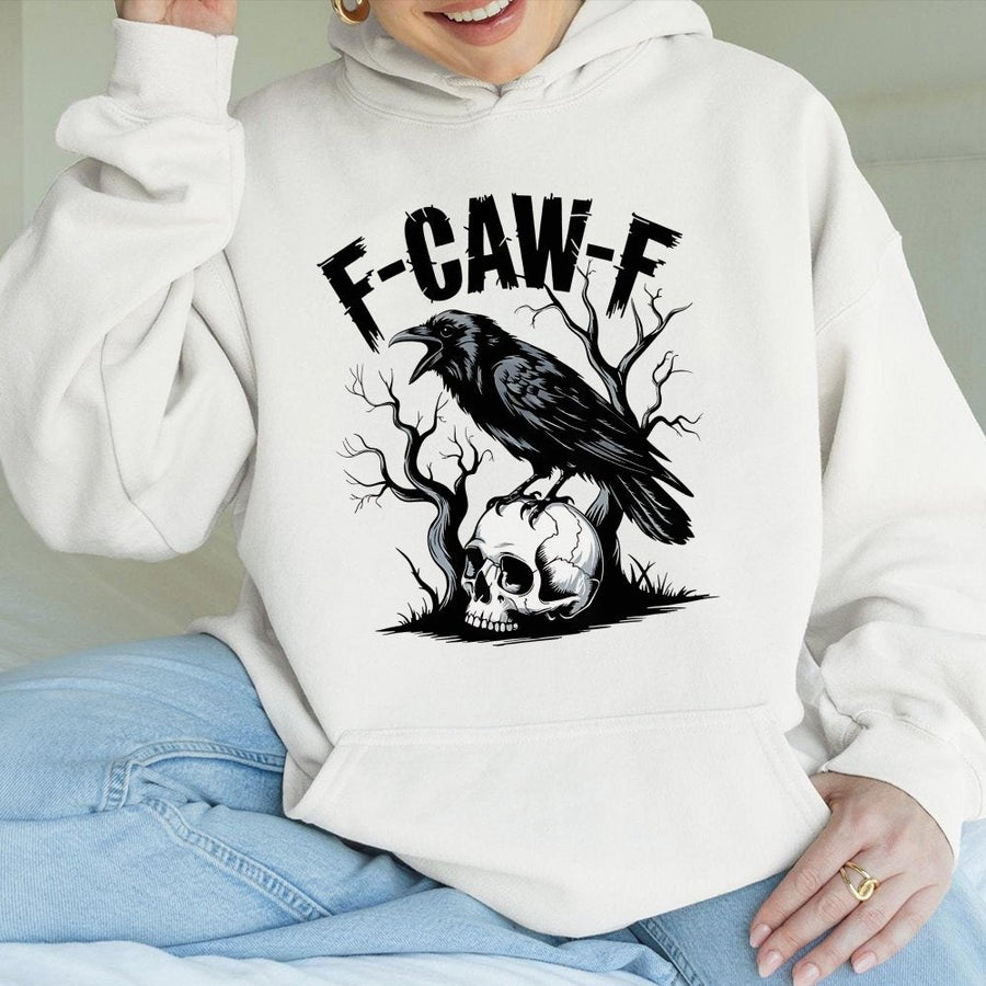 F-Caw-F Crow Hoodie | Gothic Skull and Raven Graphic | Cotton-Poly Blend Premium Sweatshirt | Funny Bird Lover Gift for Men and Women