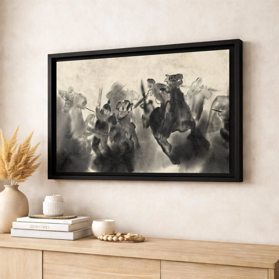 Warriors on Horseback Canvas Print | Abstract Ink Wash Battle Scene | Premium Gallery-Wrapped Wall Art | Historical Military Decor Gift