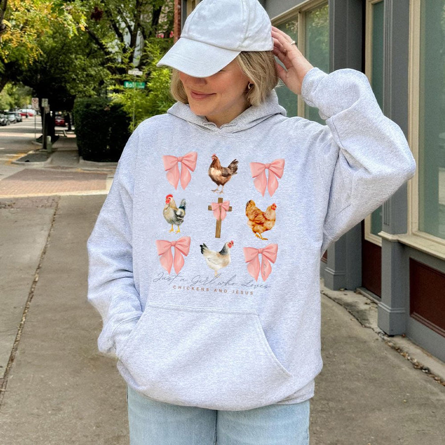 Chickens and Jesus Hoodie | Cute Farmhouse Chicken Graphic | Premium Cotton Blend Pullover | Faith Based Gift for Women and Chicken Lovers