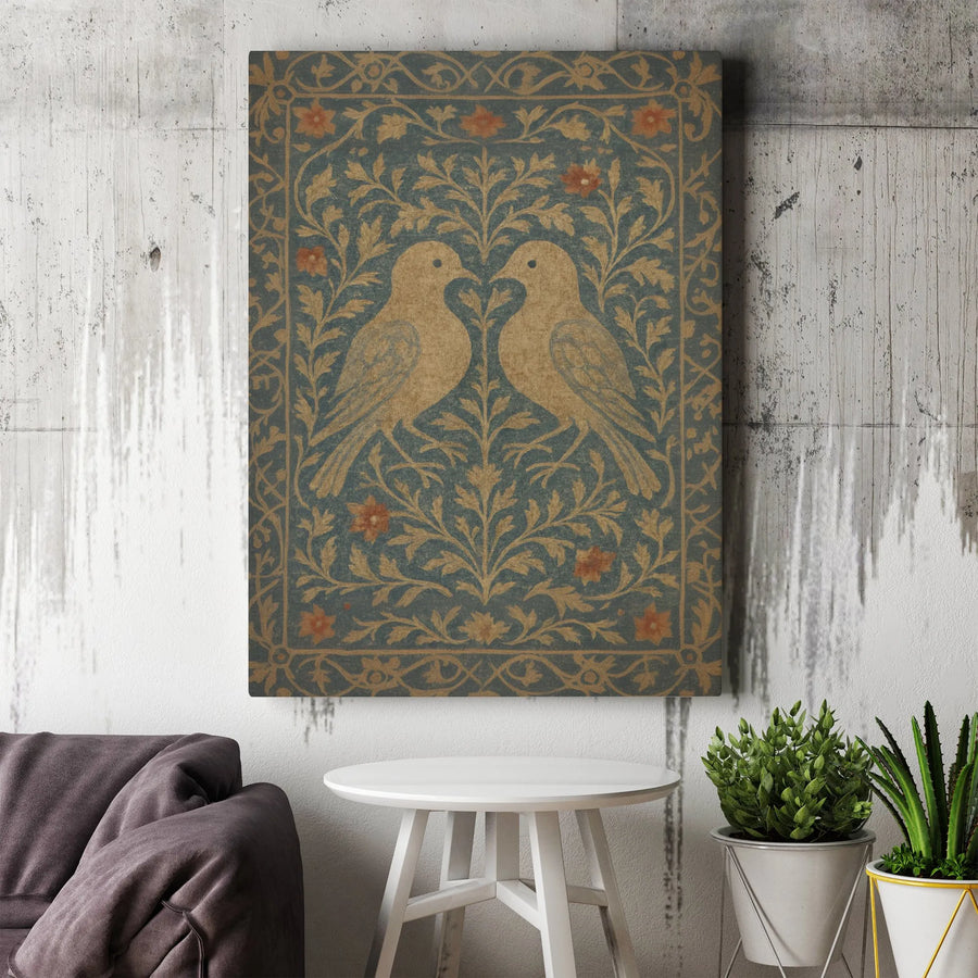 William Morris Style Canvas Art | Vintage Love Birds & Floral Print | Premium Gallery Wrap Wall Decor | Arts and Crafts Movement Inspired Gift