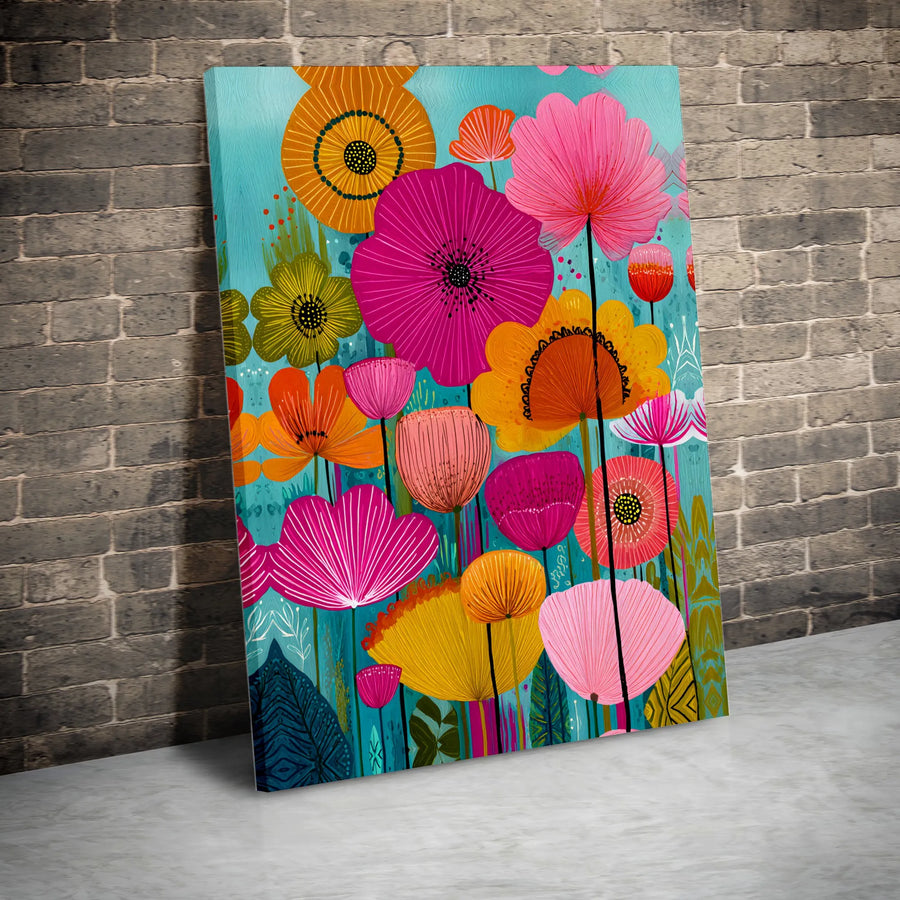 Vibrant Floral Canvas Wall Art | Colorful Folk Art Flower Painting | Gallery-Quality 1.25 Inch Thick Wrap | Modern Botanical Home Decor Gift