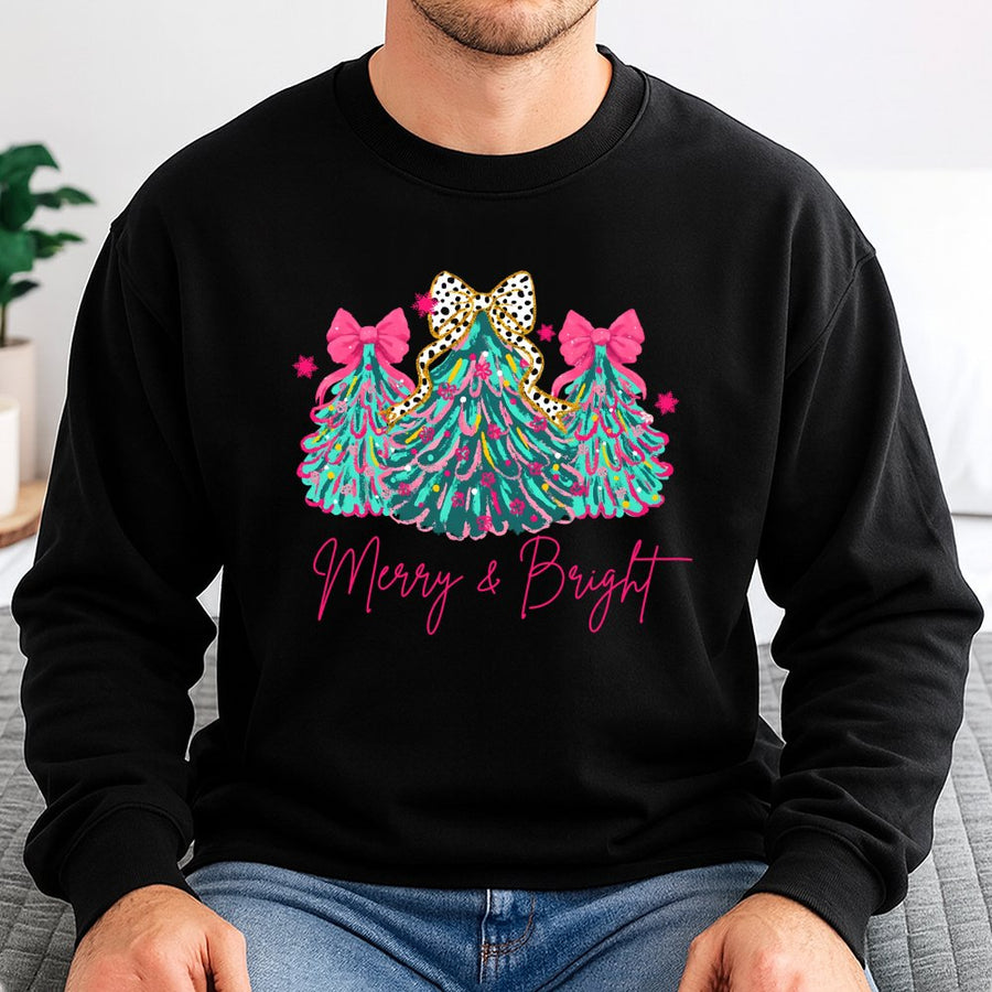 Merry And Bright Christmas Sweatshirt | Pink Bow Coquette Aesthetic Trees | Cotton Blend Festive Pullover | Cute Holiday Gift For Women