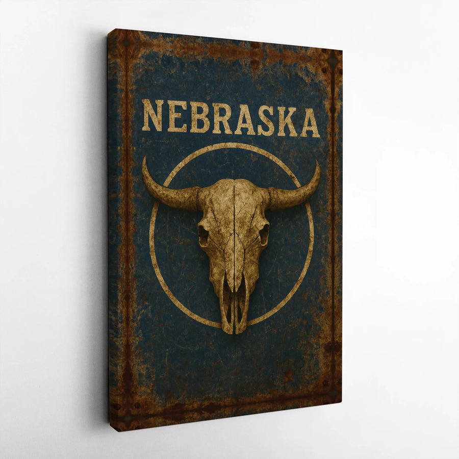 Nebraska Bull Skull Wall Art | Vintage Longhorn & Rustic Western Style | Premium Gallery Wrapped Canvas | Man Cave & Home Decor Gift