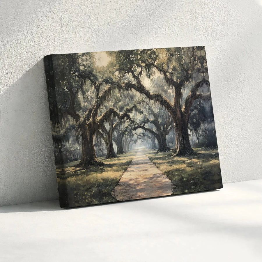 Southern Live Oak Tree Path Horizontal Canvas | Spanish Moss Forest Landscape Painting | Premium 1.25" Gallery Wrap Art | Serene Nature Wall Decor Gift