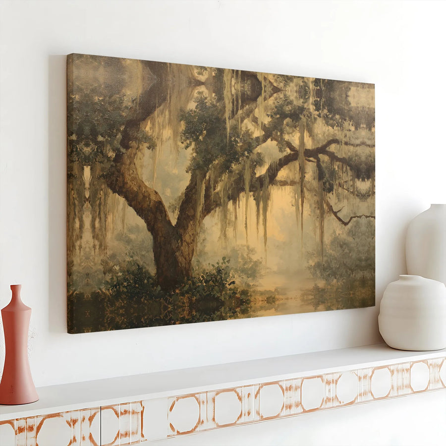 Vintage Southern Live Oak Horizontal Canvas | Misty Spanish Moss Bayou Landscape Print | Premium 1.25 Inch Gallery Wrap | Elegant Living Room Wall Art Gift