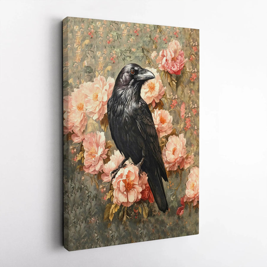 Gothic Crow Wall Art | Moody Raven on Pink Peony Floral Print | Premium 1.25-Inch Gallery Canvas | Dark Academia Home Decor Gift