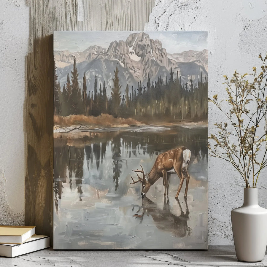 Mountain Deer Canvas Print | Serene Lake Forest Wildlife Wall Art | Gallery Wrapped Premium Decor | Nature Lover Cabin Gift