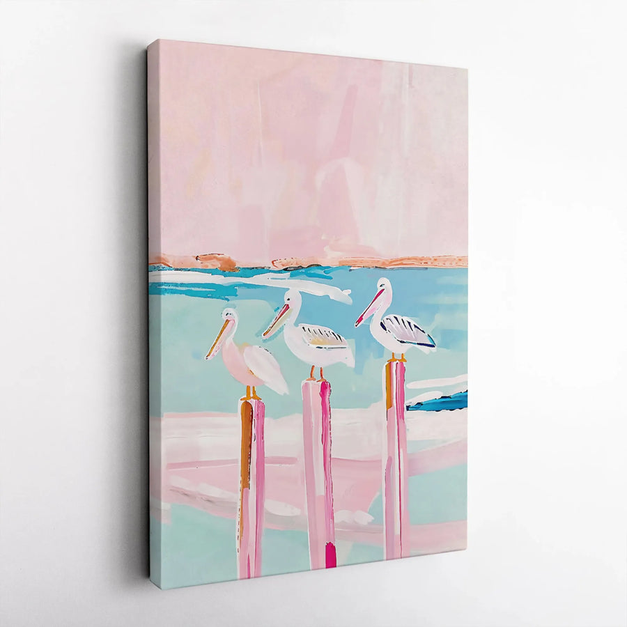Coastal Pelican Canvas Wall Art | Abstract Trio Painting Print | Premium Thick Gallery Wrap Canvas | Modern Beach House Decor Gift