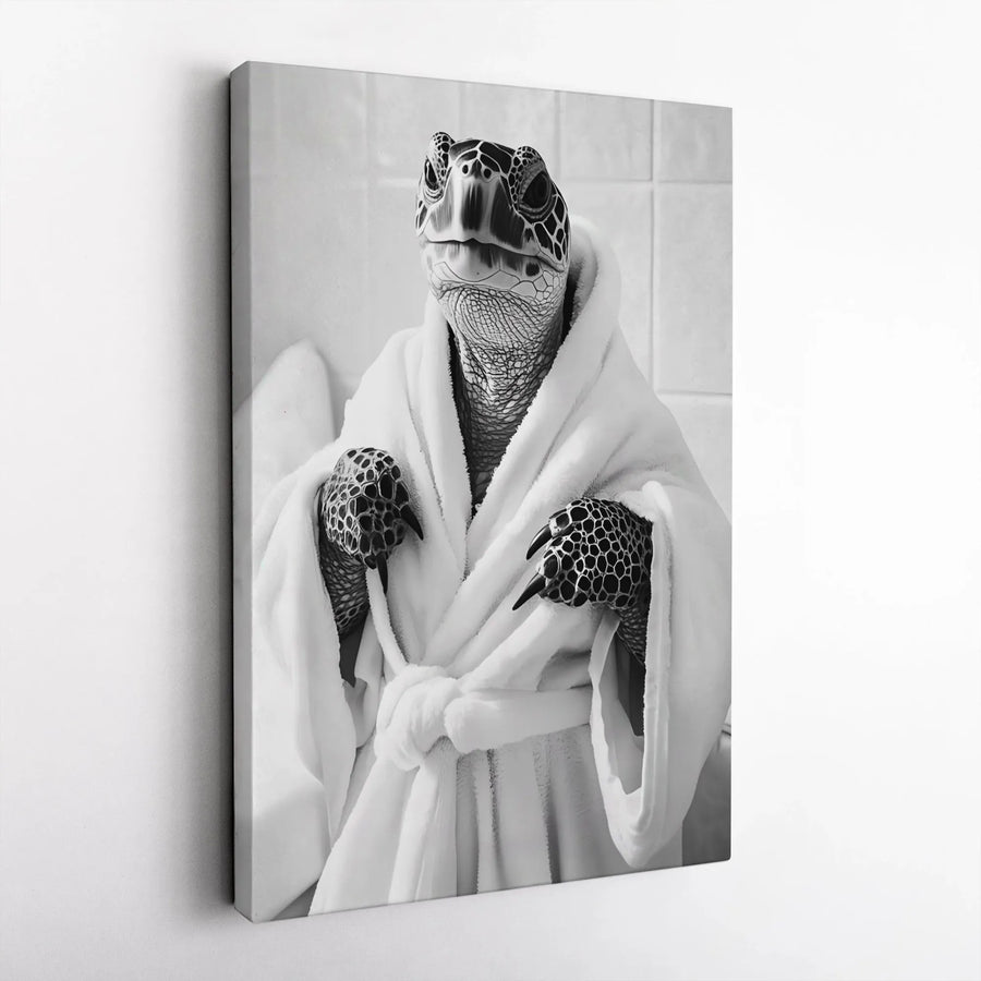 Sea Turtle in Bathrobe Canvas Wall Art | Whimsical Bathroom Animal Portrait | Premium Gallery-Wrapped Print | Funny Home Decor Gift