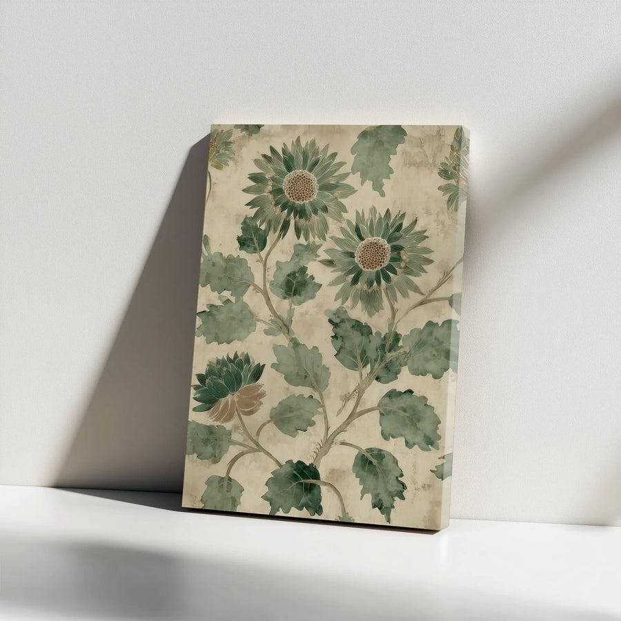 Vintage Green Sunflower Canvas Print | Vertical Botanical Floral Art | Premium Gallery Wrapped Canvas | Rustic Home Decor Gift