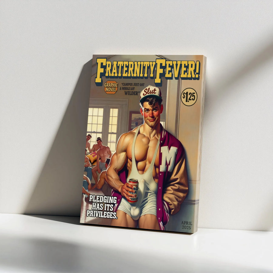 Fraternity Fever Wall Art | Vintage Gay Pulp Fiction Poster | Premium Canvas Print | Retro LGBTQ Masculine Decor for Bedroom or Apartment