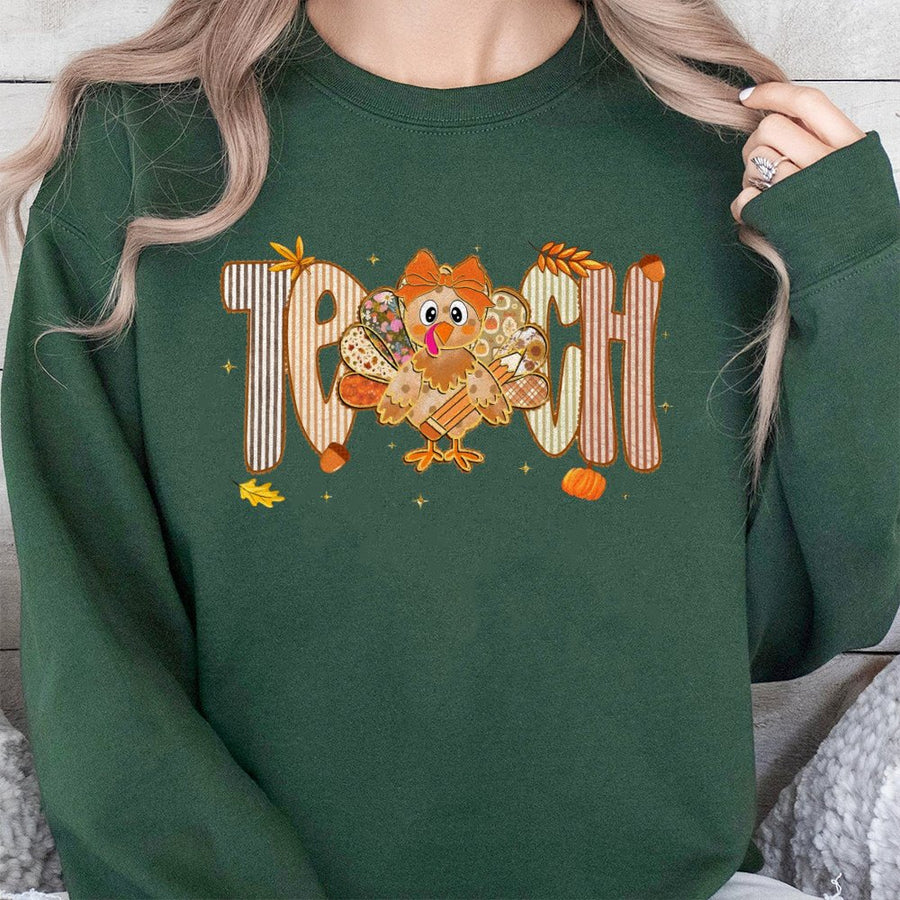 Teacher Turkey Sweatshirt | Preppy Fall Thanksgiving Design | Premium Cotton Blend Crewneck | Cute Teacher Gift for Women