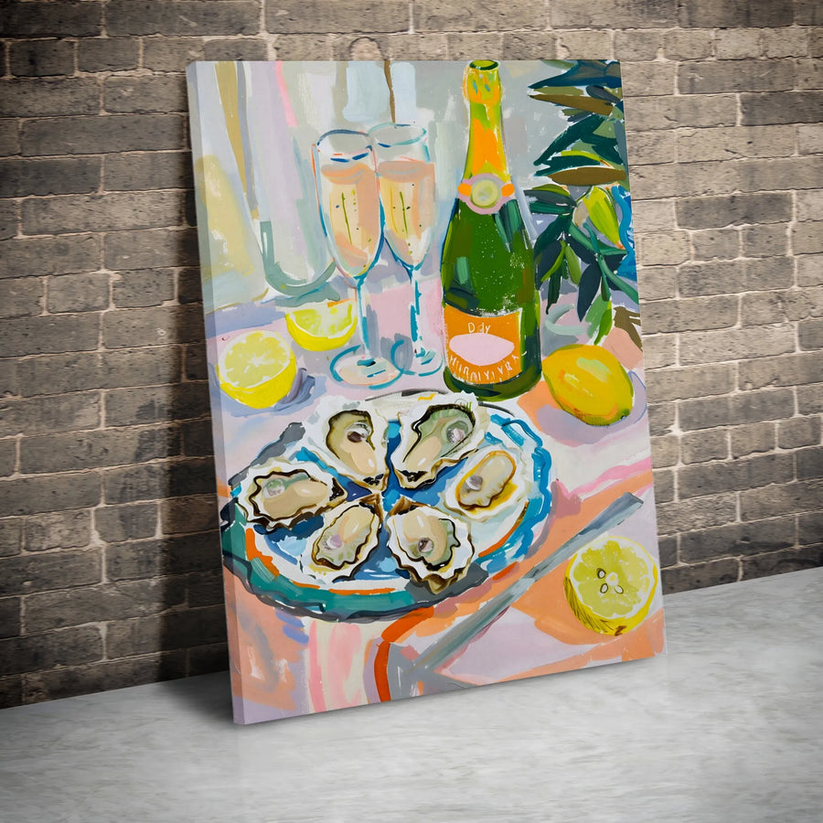 Oyster and Champagne Canvas Wall Art | Still Life Kitchen Decor Print | Premium Gallery Wrapped Canvas | Luxury Foodie Dining Room Gift