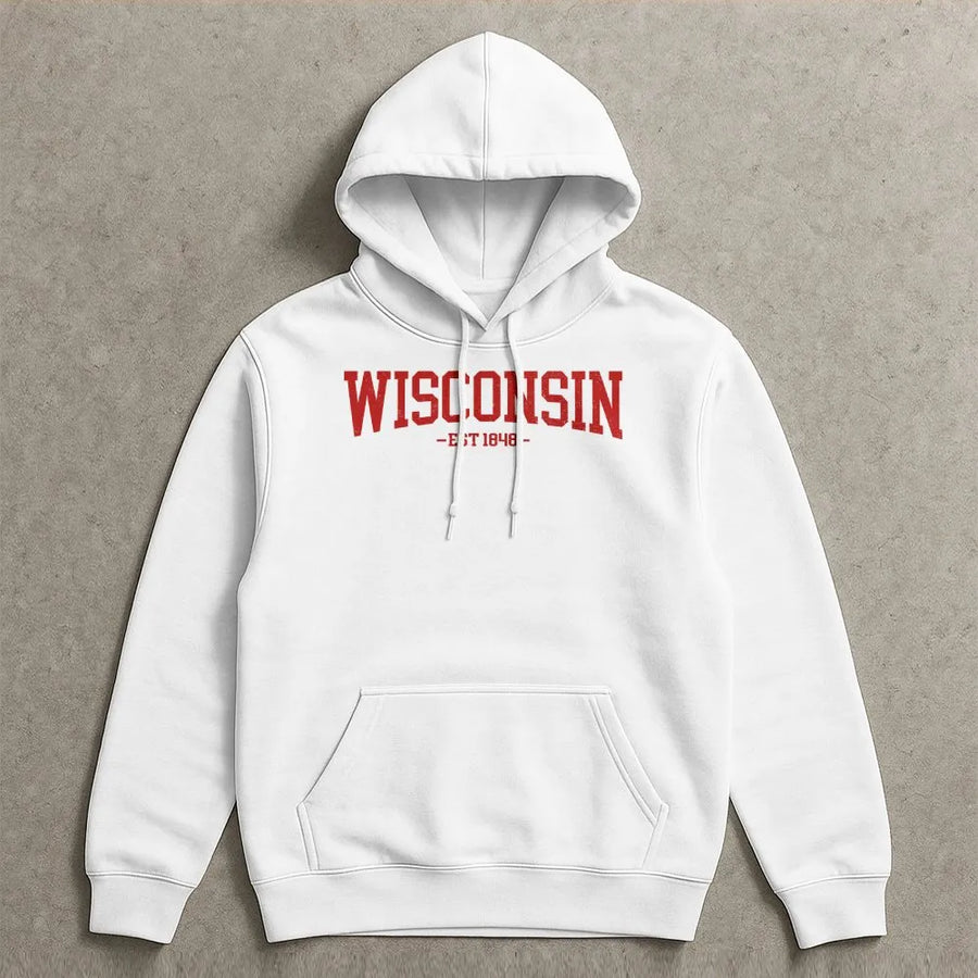Wisconsin Hoodie | Retro Collegiate EST 1848 Graphic | Soft Cotton | State Pride Souvenir Gift for Men and Women