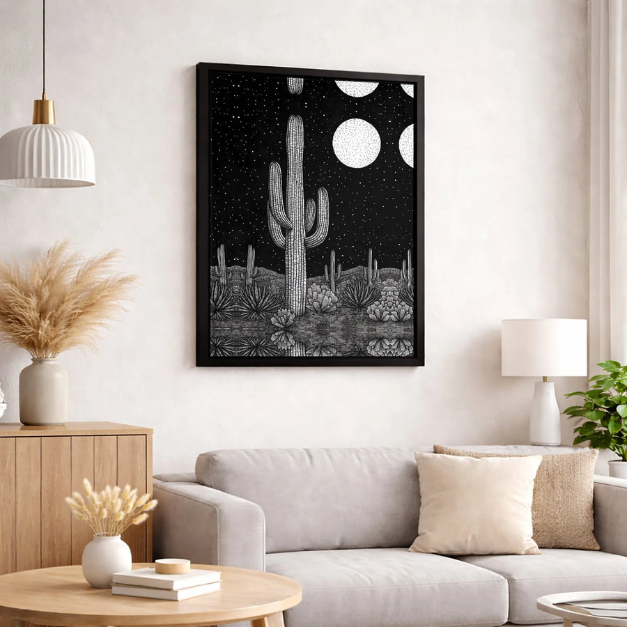 Saguaro Cactus Wall Art | Black and White Desert Night Landscape | Premium Gallery Wrapped Canvas | Minimalist Southwestern Home Decor Gift