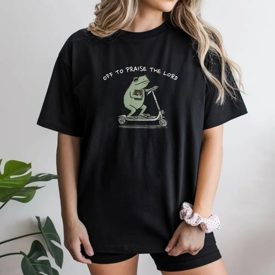 Christian Frog T-Shirt | Funny 'Off To Praise The Lord' Graphic | Premium Cotton Blend Crewneck | Cute Faith Based Religious Gift