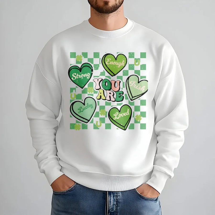 St. Patrick's Day Sweatshirt | Retro Checkerboard Lucky Irish Hearts Graphic | Premium Cotton Blend Crewneck | Cute Teacher Holiday Gift