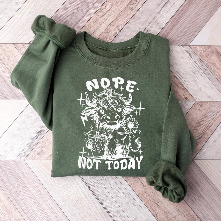 Nope Not Today Highland Cow Sweatshirt | Funny Coffee Lover Graphic Pullover | Premium Cotton Blend Cozy Crewneck | Cute Farm Animal Gift for Her
