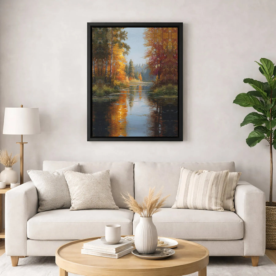 Autumn Forest River Canvas Wall Art | Serene Fall Foliage Landscape Painting | Gallery Quality 1.25” Thick Print | Cozy Home Office Decor Gift