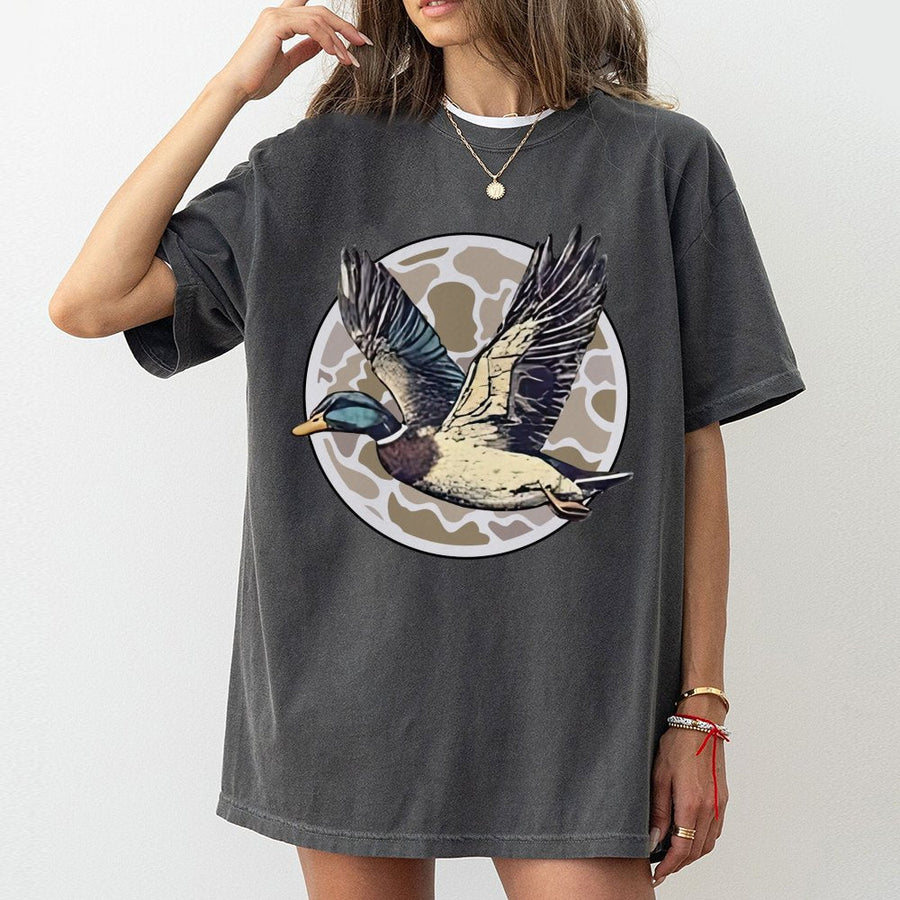 Mallard Duck T-Shirt | Flying Duck Graphic with Camo Circle Print | 100% Premium Cotton | Nature Lover Gift for Outdoorsmen and Hunters