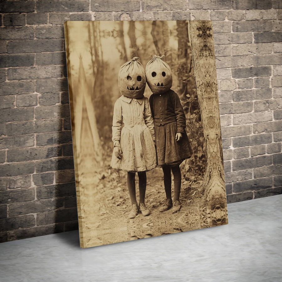 Vintage Halloween Wall Art | Creepy Jack-O'-Lantern Children Photo | Premium Gallery Wrap Canvas | Gothic Home Decor Gift for Horror Fans