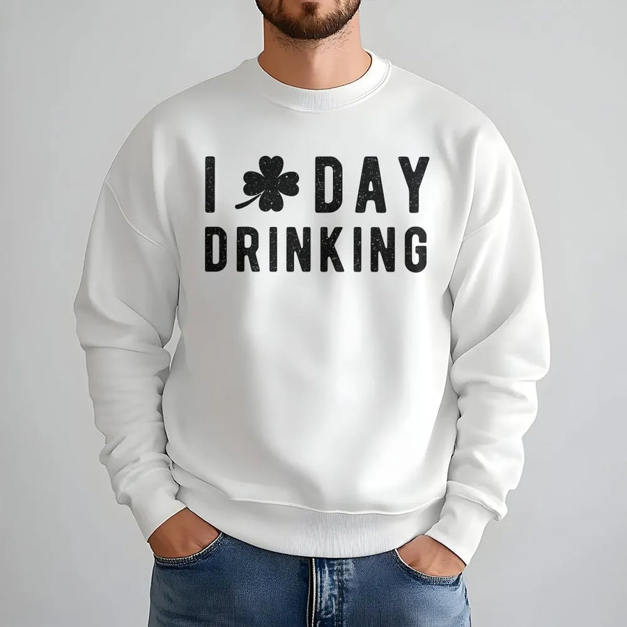 I Heart Day Drinking Sweatshirt | St Patricks Day Shamrock Graphic | Premium Cotton Blend | Funny Holiday Gift for Men and Women