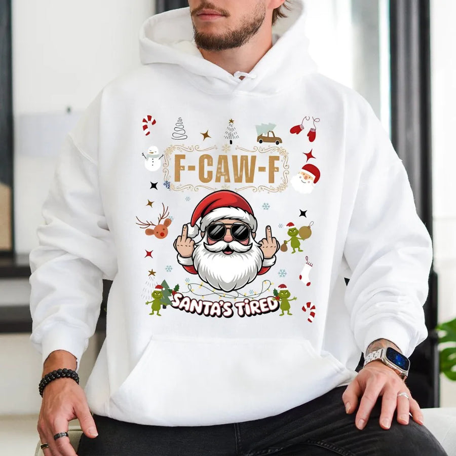Santa's Tired Hoodie | Funny Middle Finger Christmas Sweatshirt | Soft Cotton Blend | Sarcastic Xmas Gift For Adults