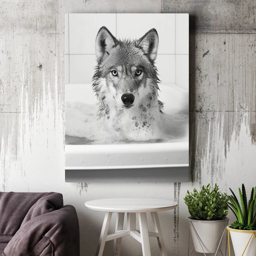 Funny Wolf in Bathtub Canvas Wall Art | Black and White Animal Photography | Premium 1.25" Thick Gallery Print | Unique Bathroom Decor Gift for Wolf Lover