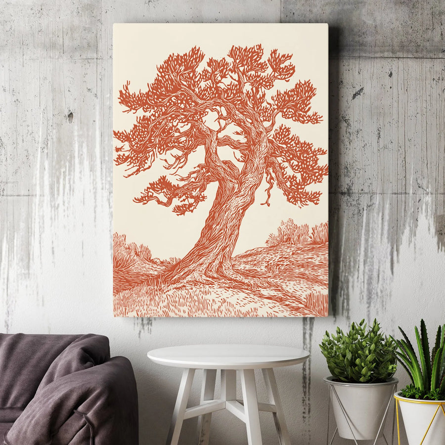 Gnarled Tree Canvas Wall Art | Rustic Woodcut Illustration Print | Premium Gallery Wrap Decor | Nature Inspired Gift for Home Office