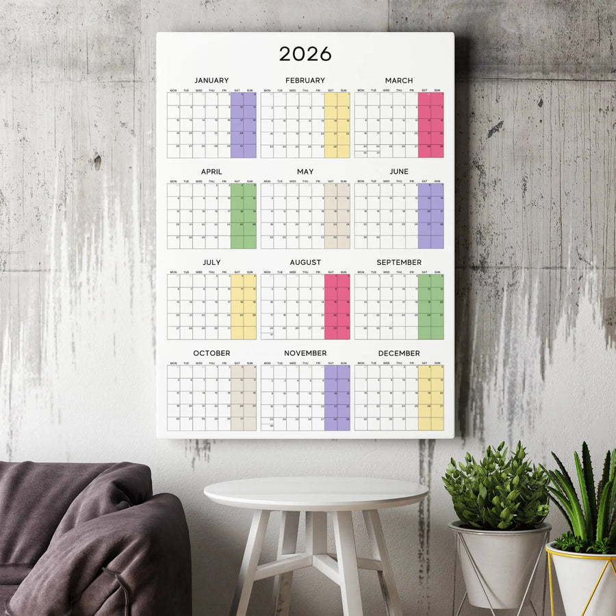 2026 Yearly Calendar Canvas Print | Minimalist Color-Coded Wall Art | Premium Gallery Wrap Decor | Ready to Hang Office Gift
