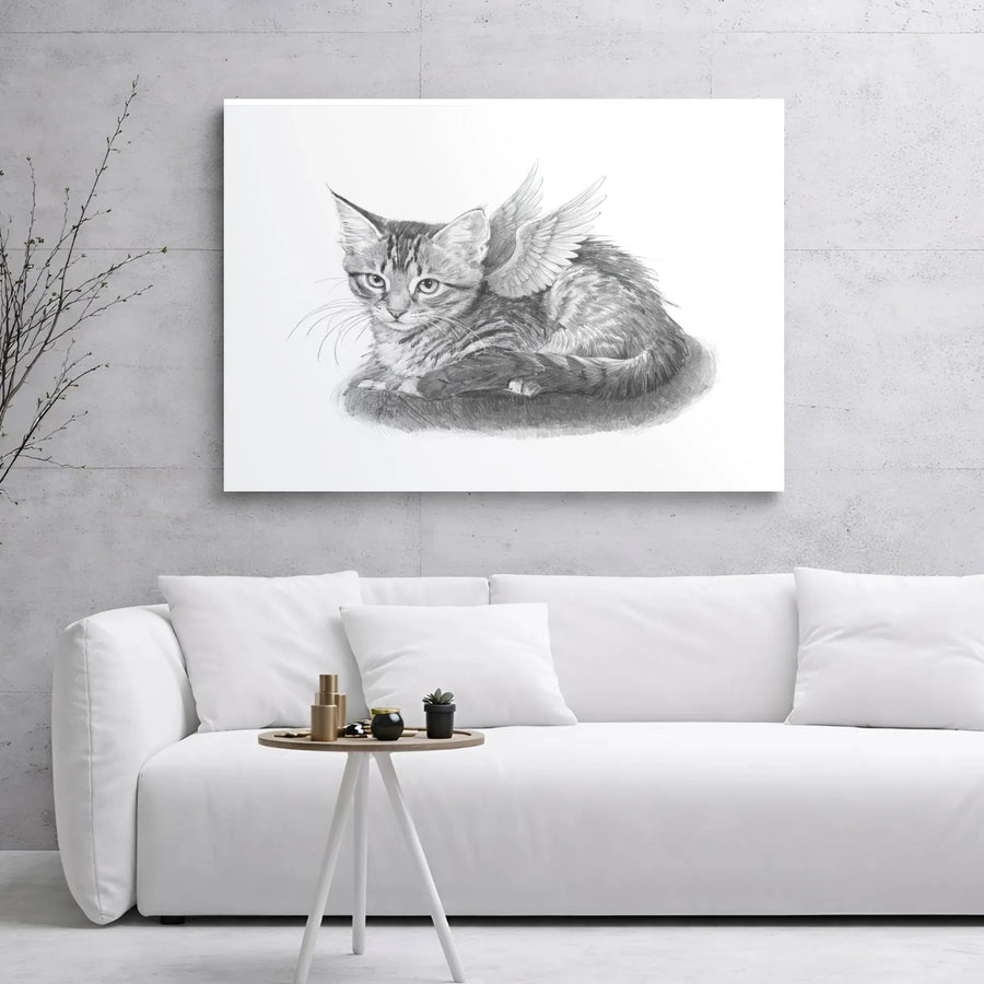 Angel Wing Kitten Canvas Wall Art | Pencil Sketch Tabby Cat Portrait | Premium Gallery Wrap Decor | Memorial Gift for Pet Lovers