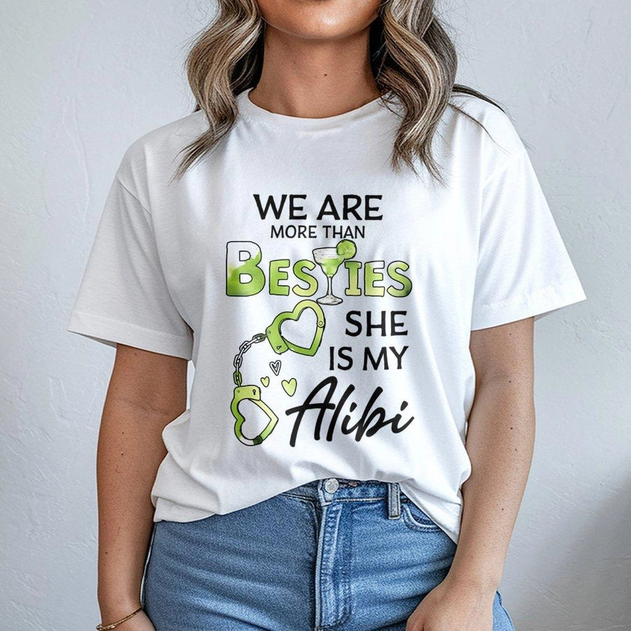 Matching Best Friend T-Shirt | She Is My Alibi Cocktail Graphic | Premium Soft Cotton Tee | Funny Gift For BFFs Birthday or Girls Trip