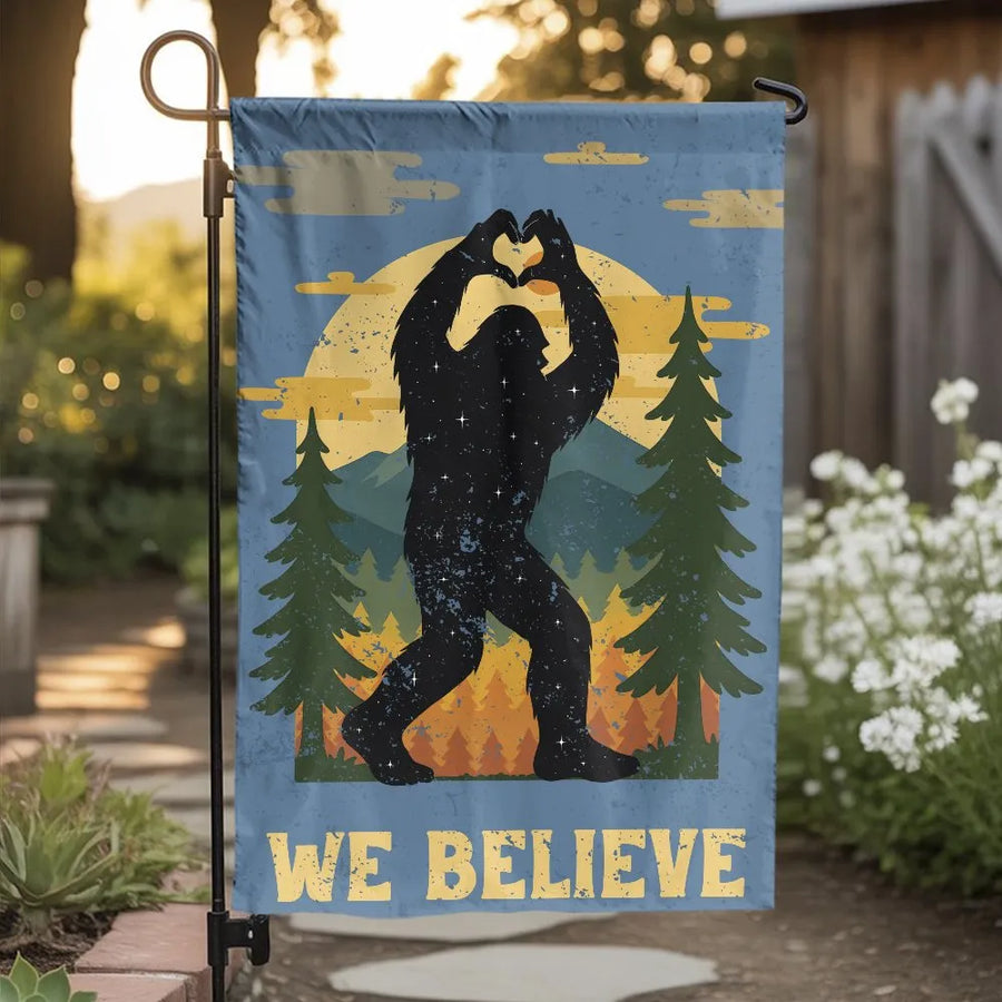 Bigfoot We Believe Garden Flag | Retro Sasquatch with Heart Hands | Double Sided Polyester | Outdoor Yard Decor Gift for Believers