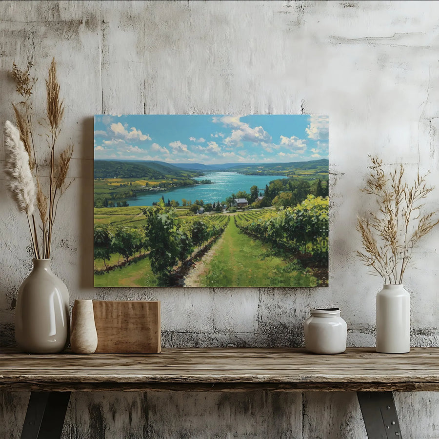 Vineyard Lake Landscape Canvas Wall Art | Impressionist Wine Country Scenery | 1.25 Inch Gallery Wrap | Premium Home Decor Print