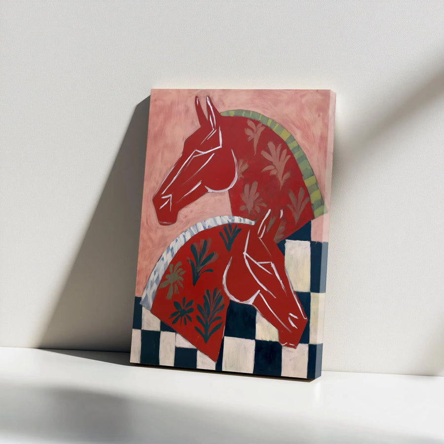 Abstract Horse Canvas Wall Art | Modern Red Equestrian Painting Print | Premium Frameless Canvas | Unique Gift for Horse Lover and Farmhouse Decor