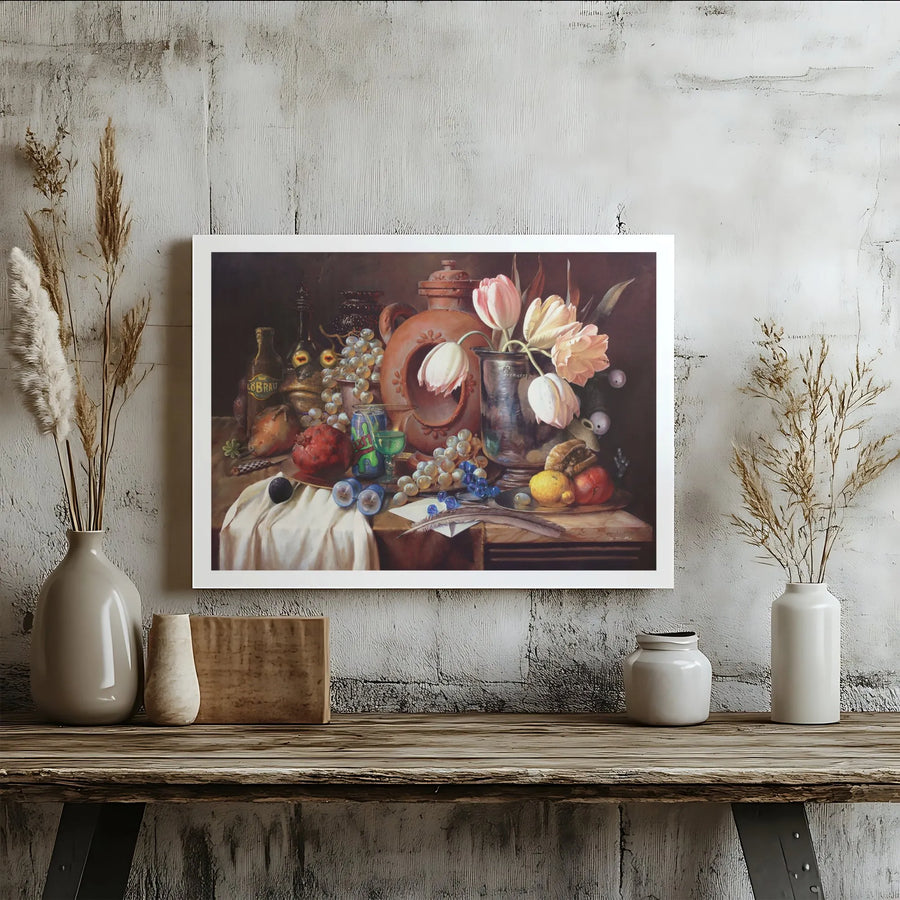 Classical Still Life Canvas Print | Surreal Pop Art Fruit and Tulip Painting | Premium 1.25 Inch Gallery Wrap | Unique Home Decor for Art Lovers
