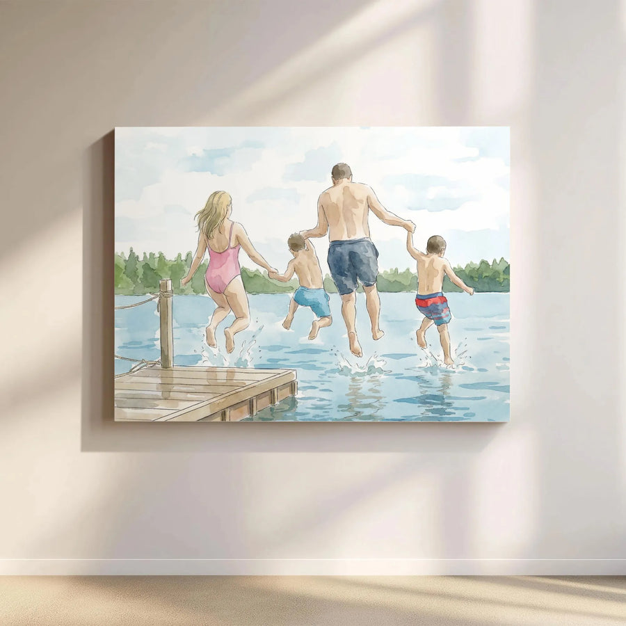 Family at the Lake Canvas Wall Art | Watercolor Family Jumping Off Dock Scene | Premium Gallery Quality Canvas | Gift for Lake House or Family Home Decor