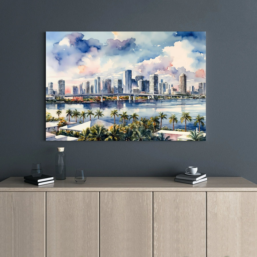 Miami Skyline Canvas Art | Watercolor Florida Cityscape with Palm Trees | Premium 1.25 Inch Gallery Wrap | Coastal Home Decor Gift