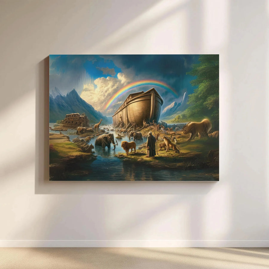 Noah's Ark Wall Art Canvas | Biblical Animals & Rainbow Landscape | Premium Gallery Wrap Print | Religious Home Decor & Nursery Gift