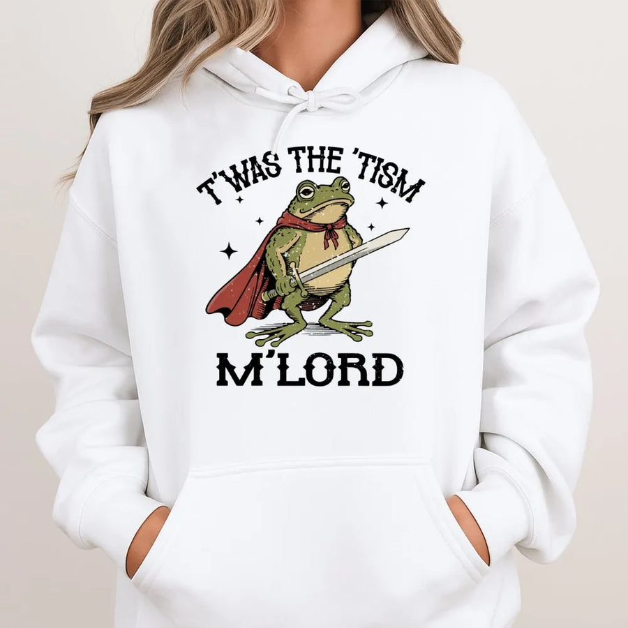 T'was The 'Tism M'Lord Hoodie | Medieval Knight Frog Graphic | Premium Cotton Blend | Funny Neurodivergent Gift for Teens and Adults
