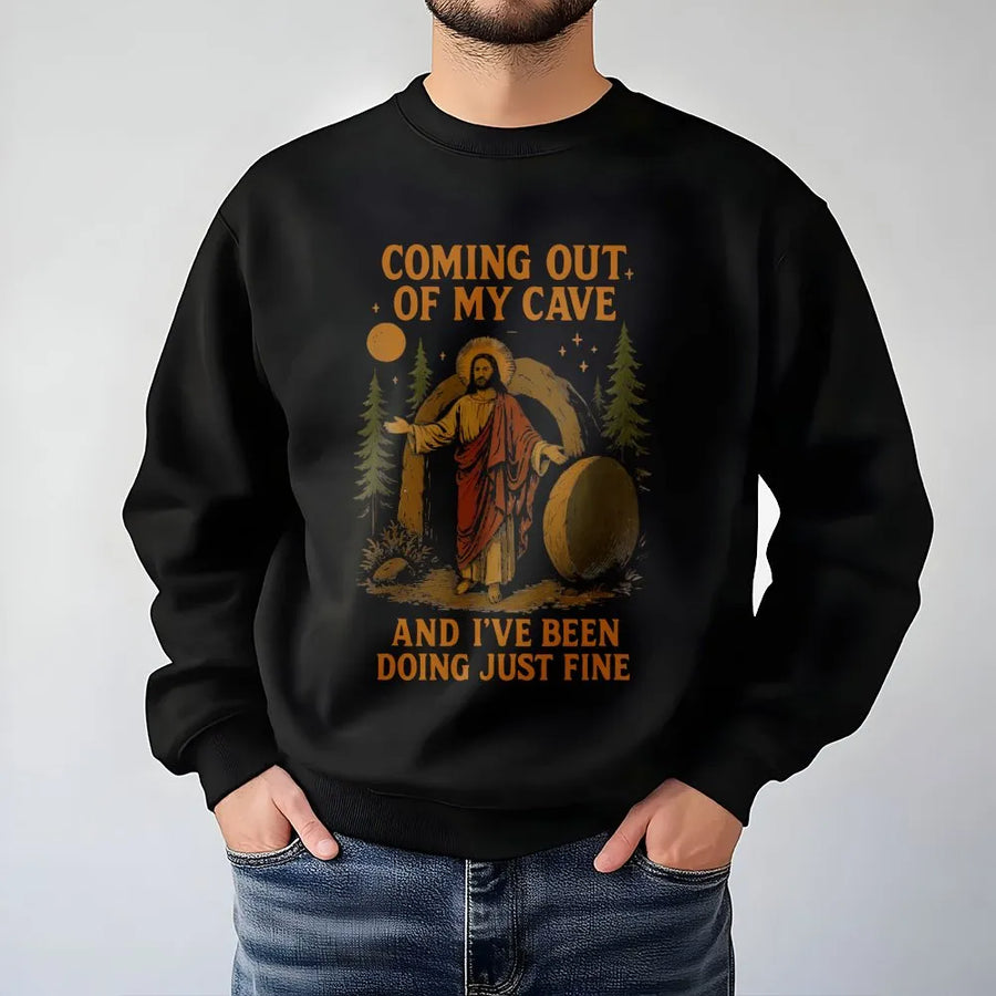 Funny Easter Sweatshirt | Jesus Coming Out Of My Cave Meme Graphic | Premium Cotton Blend Crewneck | Religious Humor Gift For Christian