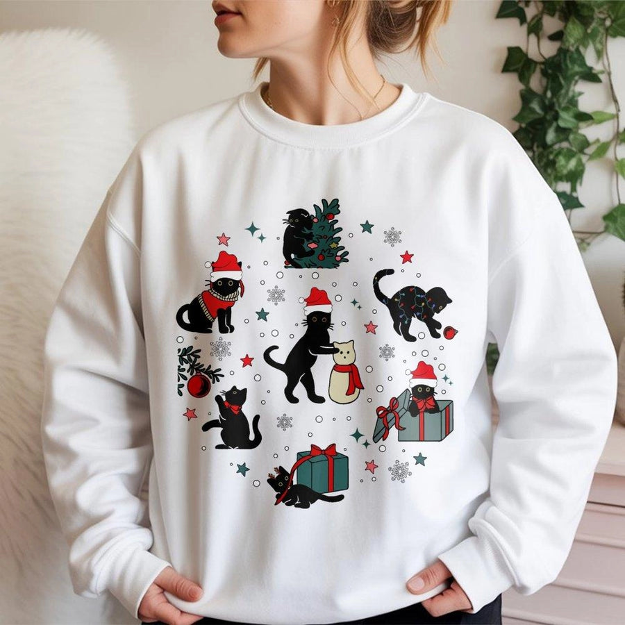 Black Cat Christmas Sweatshirt | Cute Festive Kittens in Santa Hats | Premium Unisex Holiday Crewneck | Funny Cat Lover Gift for Women and Men